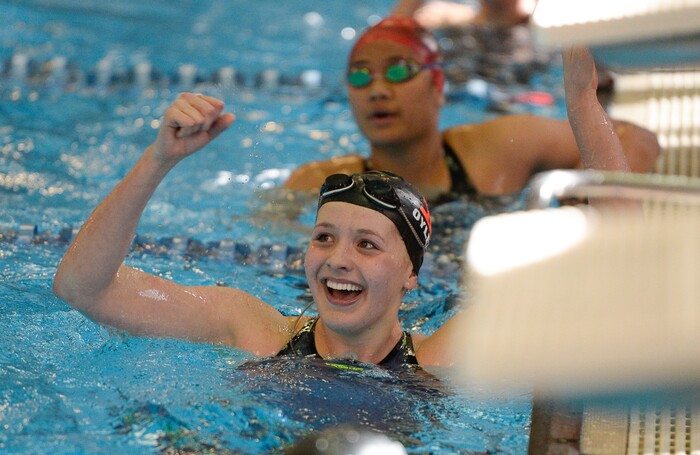 (Francisco Kjolseth | The Salt Lake Tribune) Rachel Oyler of Timpview celebrates her first place win in the Women 50 Yard Free at the high school swimming 5A State Championships in Bountiful, Friday February 9, 2018.