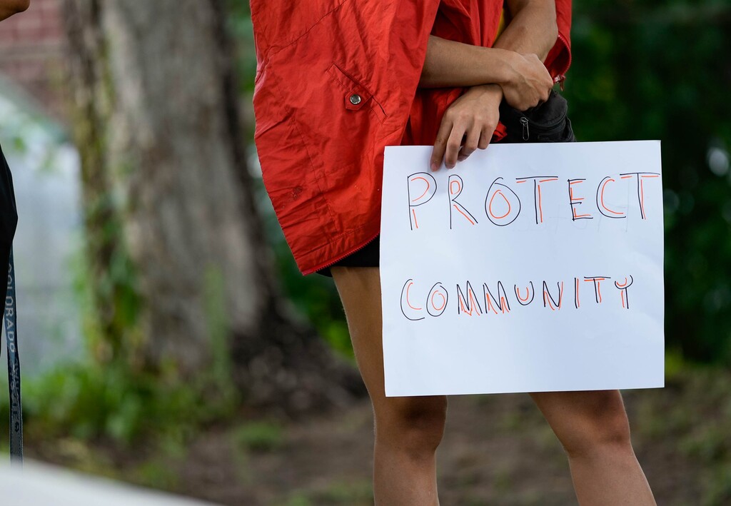 (Francisco Kjolseth | The Salt Lake Tribune) People gather at Madsen Park in the Poplar Grove neighborhood to protest gentrification on Aug. 6, 2022.