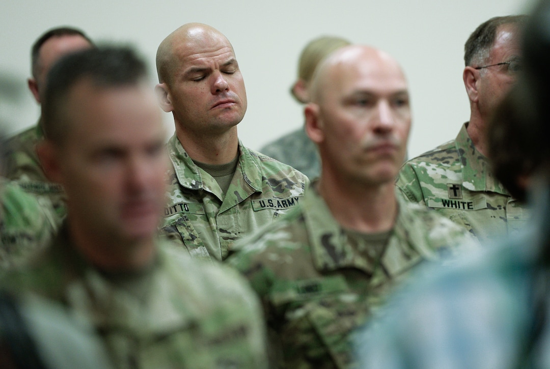 (Francisco Kjolseth  |  The Salt Lake Tribune)  Soldiers attend a press event where Gov. Gary R. Herbert and Maj. Gen. Jefferson S. Burton address the media on Sunday, Nov. 4, 2018, in Draper, UT, regarding the recent death of North Ogden Mayor Brent Taylor a major in the Utah National Guard, killed in Afghanistan in an apparent insider attack.