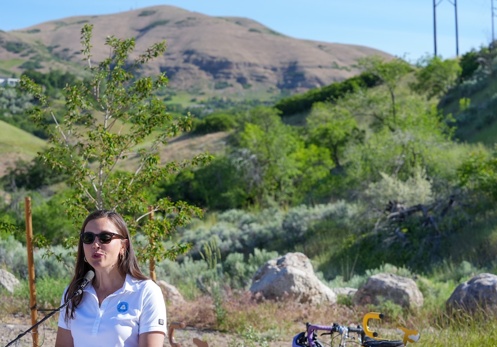 (Chris Samuels | The Salt Lake Tribune) Salt Lake City Mayor Erin Mendenhall makes remarks at the opening of new trailheads as part of the foothills trail system on Wednesday, May 28, 2025.