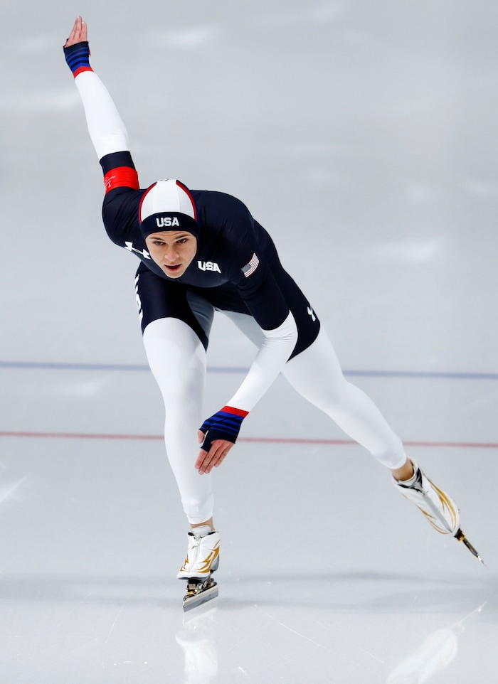 Brittany Bowe of the U.S. competes during the women's 1,500 meters speedskating race at the Gangneung Oval at the 2018 Winter Olympics in Gangneung, South Korea, Monday, Feb. 12, 2018. (AP Photo/John Locher)