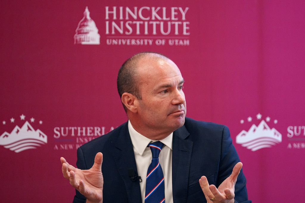 (Trent Nelson  |  The Salt Lake Tribune) Sen. Mike Lee speaks at the Hinckley Institute of Politics in Salt Lake City on Tuesday, Oct. 8, 2024.