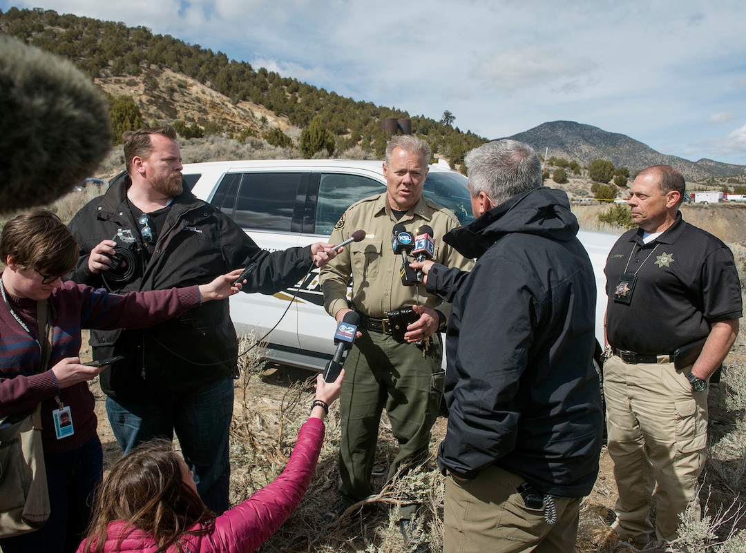 (Rick Egan  |  The Salt Lake Tribune)     Juab County Sheriff Doug Anderson talks about the operation to recover the bodies that were found in an abandoned mine in Utah’s west desert near Eureka. Police believe the bodies are those of two teenagers who have been missing for nearly three months.
Wednesday, March 28, 2018.