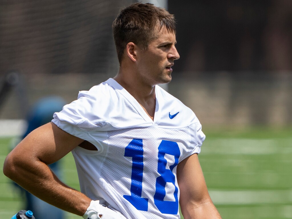 (Rick Egan | The Salt Lake Tribune)  Wide receiver Gunner Romney, on day 1 of BYU Football Fall Camp, on Thursday, Aug. 4, 2022.