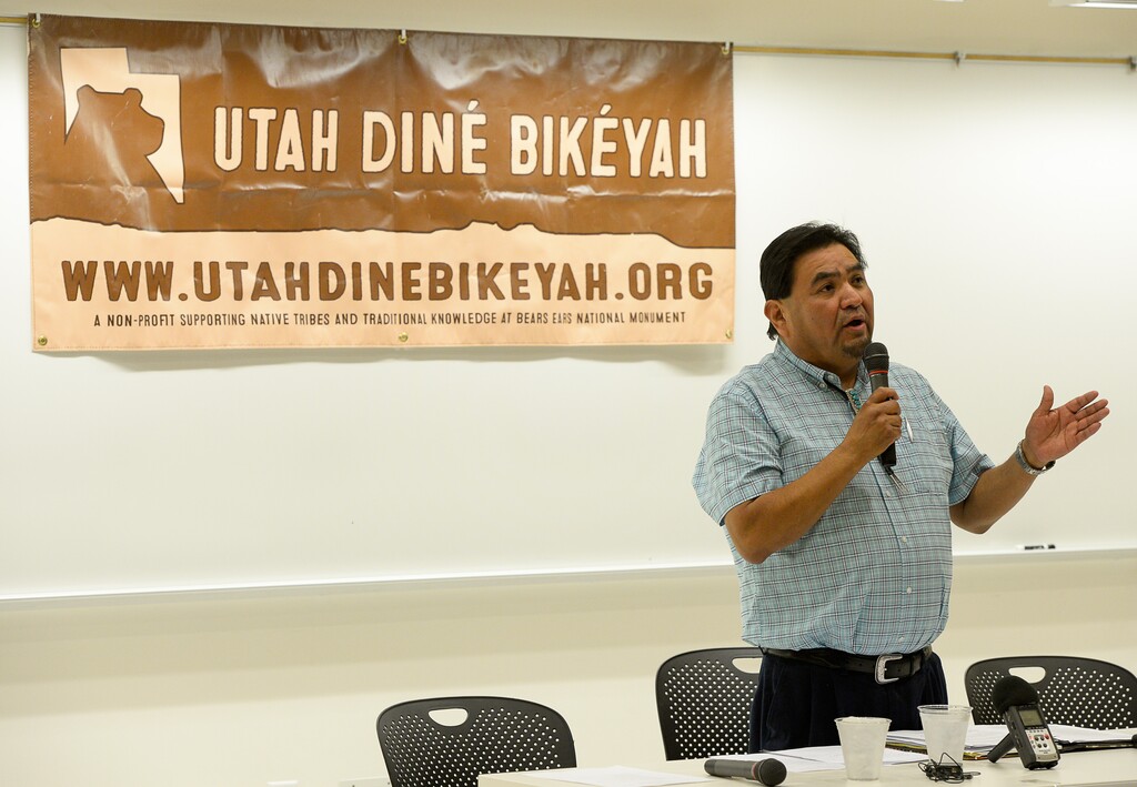 (Francisco Kjolseth | Tribune file photo)
James Adakai, Oljato Chapter President and BEITC Commissioner, joins Native American community leaders who traveled to Salt Lake City to explain why Native Americans in San Juan County are fighting to preserve Bears Ears National Monument during a panel discussion at the University of Utah on Thursday, June 22, 2017.