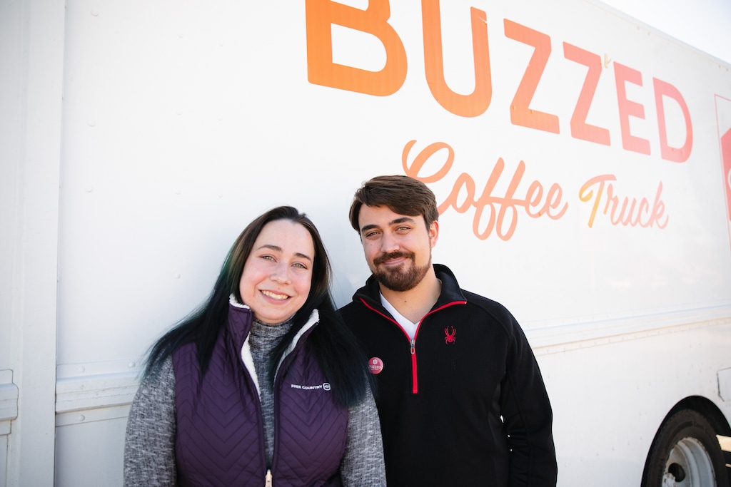 (Rachel Rydalch | The Salt Lake Tribune) Dominic Oliver, left, and Sierra Hibl, right, the new owners of Buzzed Coffee Truck, are pictured on Saturday, Feb. 19, 2022.