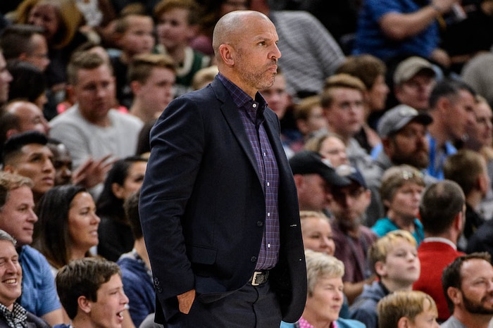 (Trent Nelson | The Salt Lake Tribune)  Milwaukee Bucks head coach Jason Kidd has no reaction as the announcement is made that all fans in the building had won free food from Chick fil-A, as the Utah Jazz host the Milwaukee Bucks, NBA basketball in Salt Lake City Saturday November 25, 2017.