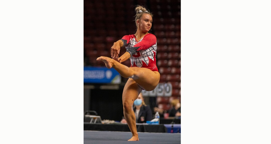 (Rick Egan | The Salt Lake Tribune) Maile O'Keefe competes on the floor for Utah in the PAC-12 Gymnastics Championship tournament at the Maverik Center, on Saturday, March 20, 2021.