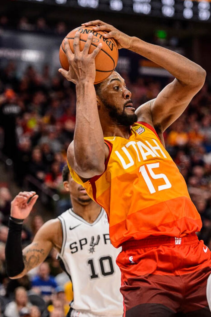(Trent Nelson | The Salt Lake Tribune)  
Utah Jazz forward Derrick Favors (15) rebounds as the Utah Jazz host the San Antonio Spurs, NBA basketball in Salt Lake City on Saturday Feb. 9, 2019.