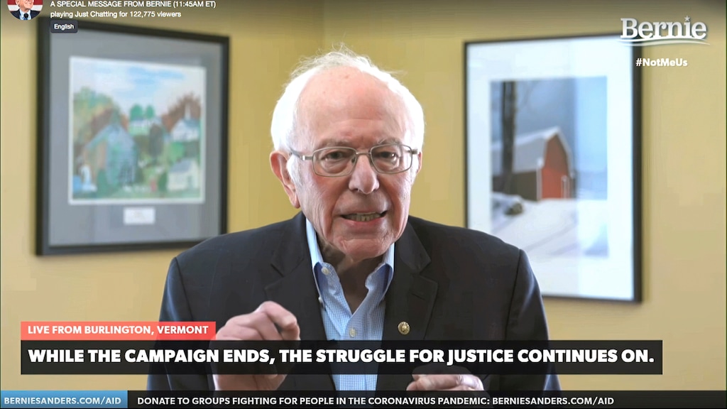 (Bernie Sanders for President via AP) This image from video provided by the Bernie Sanders presidential campaign shows Sen. Bernie Sanders, I-Vt., as he announces he is ending his presidential campaign Wednesday, April 8, 2020, in Burlington, Vt.