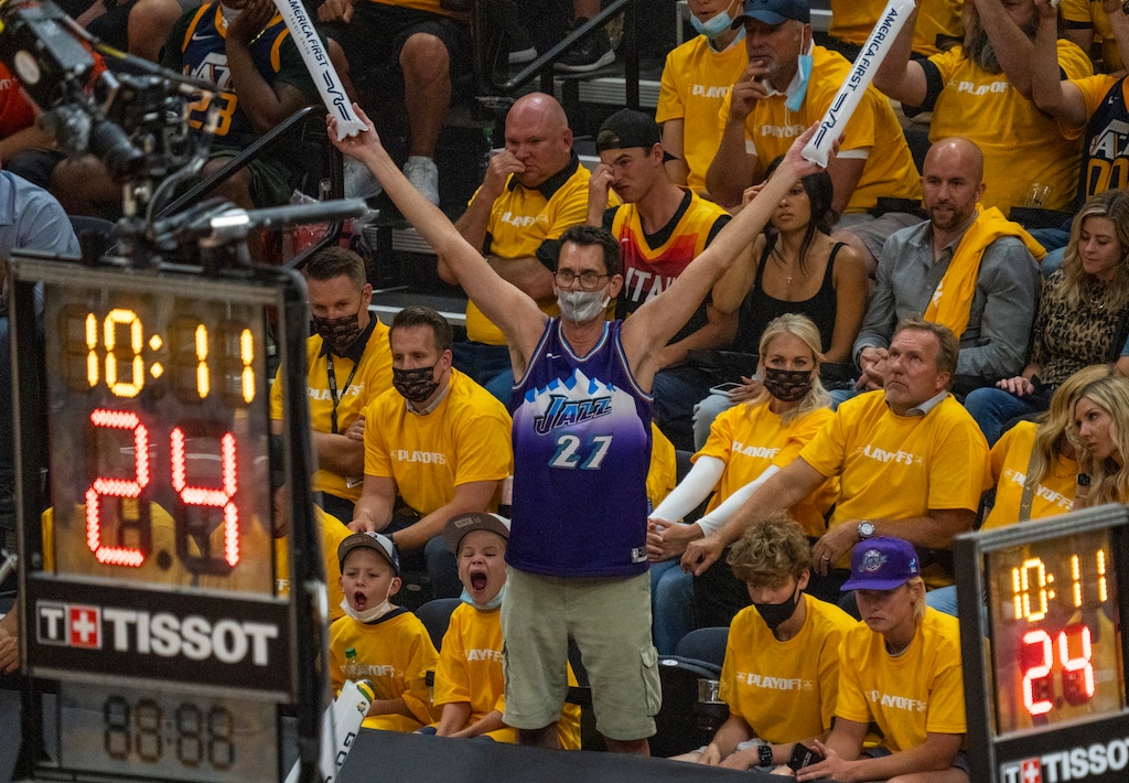 (Rick Egan | The Salt Lake Tribune) A Jazz fan tries to distract the Clippers at the foul line, in Game One of the second round of the NBA playoffs at Vivint Arena, on Tuesday, June 8, 2021.