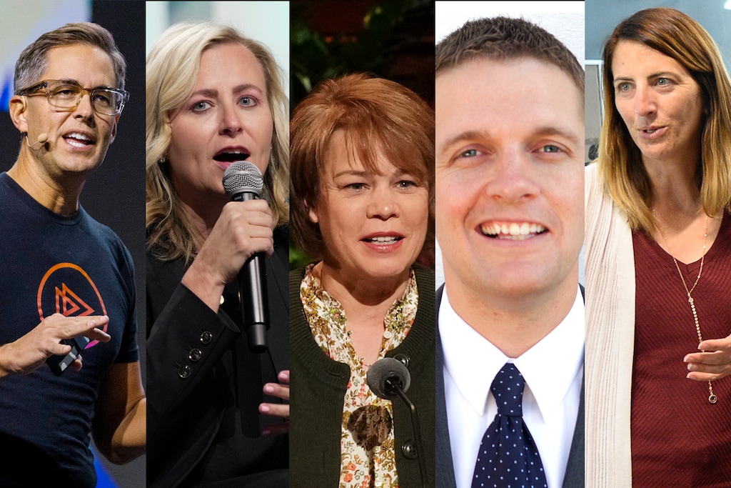 (Tribune Illustration) Utah Gov. Spencer Cox has nominated 10 new members to serve on the Utah Board of Higher Education. The nominees include, from left, Aaron Skonnard, Cydni Tetro, Sharon Eubank, Jon Cox and Tina Larson. The nominations are subject to approval by the Utah Senate.