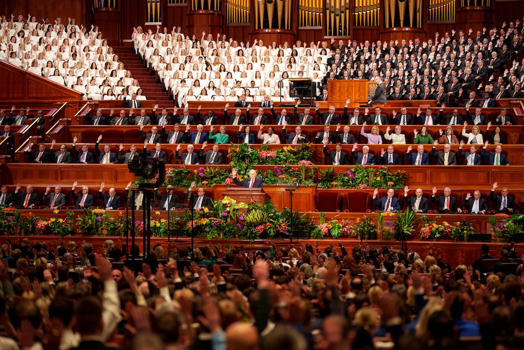(Trent Nelson | The Salt Lake Tribune) High-level Latter-day Saint leaders are sustained at General Conference in 2024. There is an opening among the apostles after Russell Nelson's death.