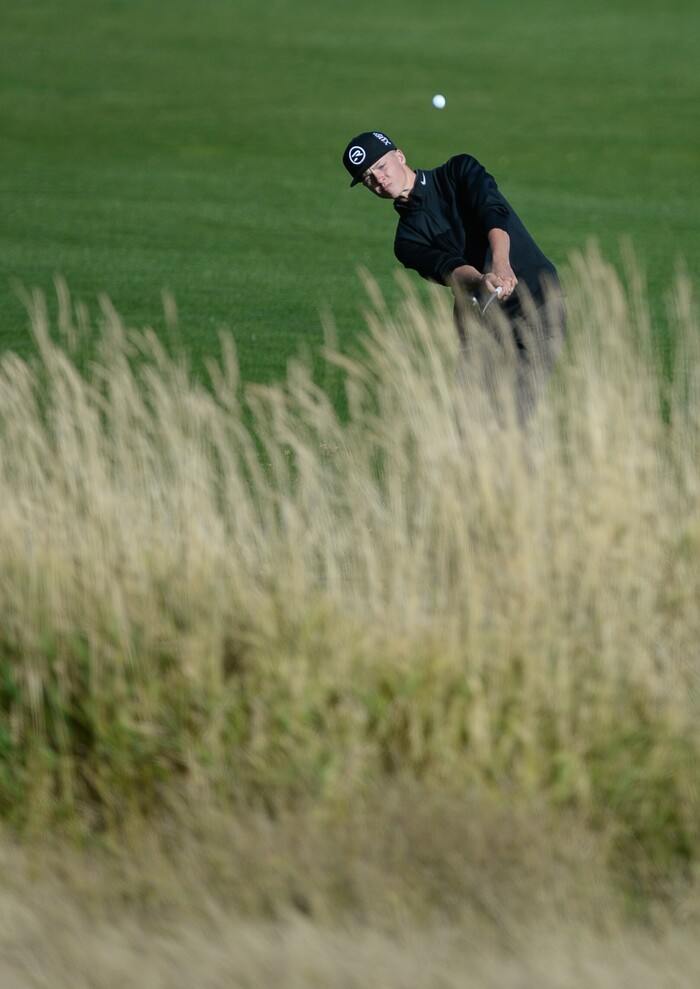Francisco Kjolseth | The Salt Lake TribuneConnor Howe of Weber takes on Elijah Turner of Lone Peak in a tie breaker round before the win during the class 5A boys' golf championships at Soldier Hollow in Midway.