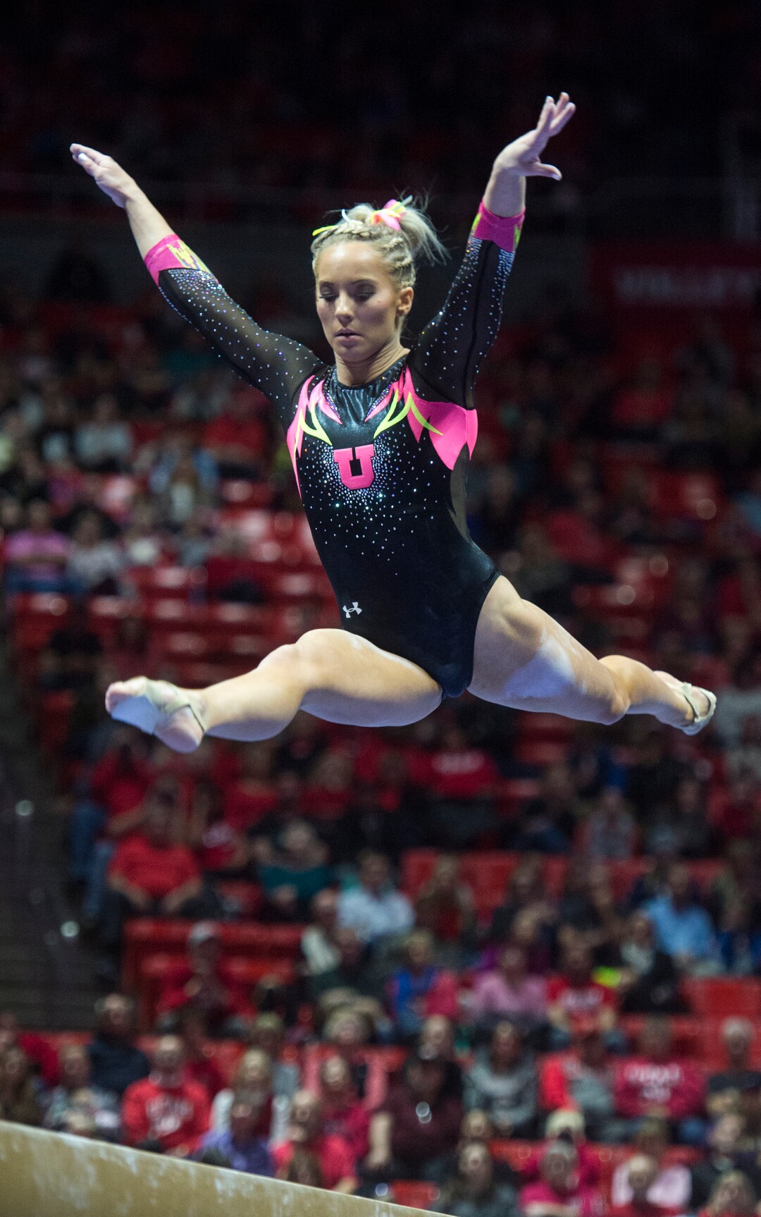 (Rick Egan  |  The Salt Lake Tribune)   MyKayla Skinner competes on the beam for Utah, in Gymnastics action Utah vs. Oregon State at the Jon M. Huntsman Center, Friday, January 19, 2018.