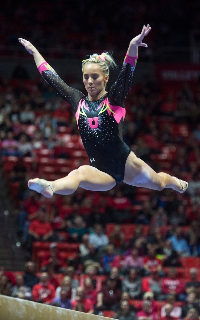 (Rick Egan  |  The Salt Lake Tribune)   MyKayla Skinner competes on the beam for Utah, in Gymnastics action Utah vs. Oregon State at the Jon M. Huntsman Center, Friday, January 19, 2018.


