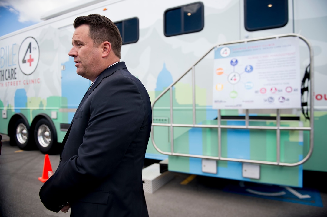 (Jeremy Harmon  | The Salt Lake Tribune) Preston Cochran of Shelter the Homeless talks about the Fourthh Street Clinic's new mobile clinic on Thursday, May 9, 2019. The clinic will serve Salt Lake City's homeless population at three new resource centers and in conjunction with other organizations that provide homeless services.