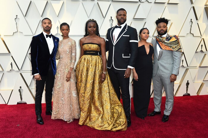 Michael B. Jordan, from left, Letitia Wright, Danai Guriraz, Winston Duke, Zinzi Evans, and Ryan Coogler arrive at the Oscars on Sunday, Feb. 24, 2019, at the Dolby Theatre in Los Angeles. (Photo by Jordan Strauss/Invision/AP)