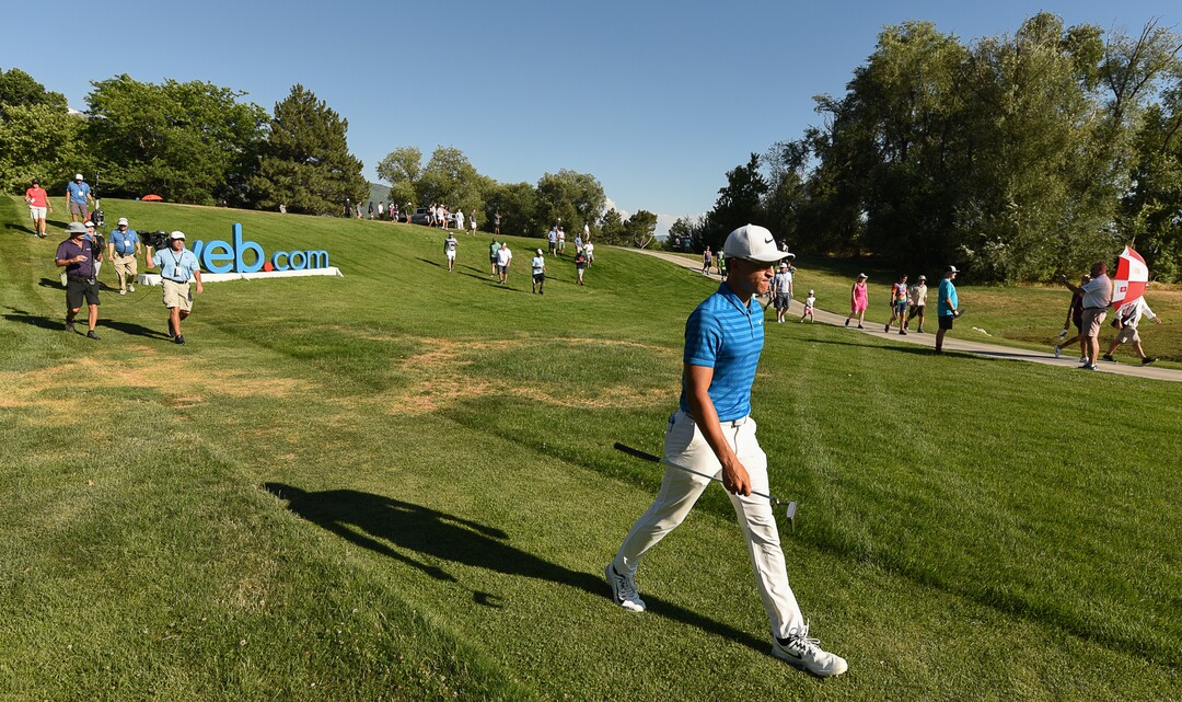 (Francisco Kjolseth  |  The Salt Lake Tribune)  Cameron Champ from Sacramento, CA, competes during the final day of the Utah Championship golf event on the Web.com Tour at Oakridge Country Club in Farmington on Sunday, July 15, 2018, on his way to winning the championship. 