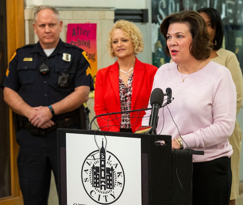 (Rick Egan  |  The Salt Lake Tribune)       Salt Lake City School District Superintendent Lexi Cunningham talks about the new school resource officer initiative at West High School, Tuesday, March 26, 2019.