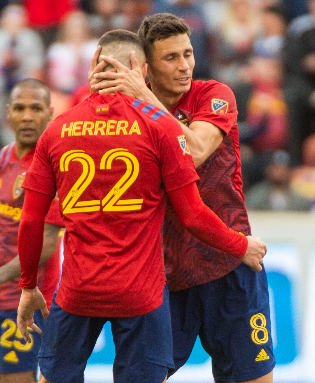 (Rick Egan  |  The Salt Lake Tribune)   Real Salt Lake midfielder Damir Kreilach (8)                                                                                          hugs Real Salt Lake defender Aaron Herrera (22)  as Real Salt Lake ties the game 1-1, in MLS acton between Real Salt Lake and the New York Red Bulls at Rio Tinto Stadium, Saturday, March 7, 2020.