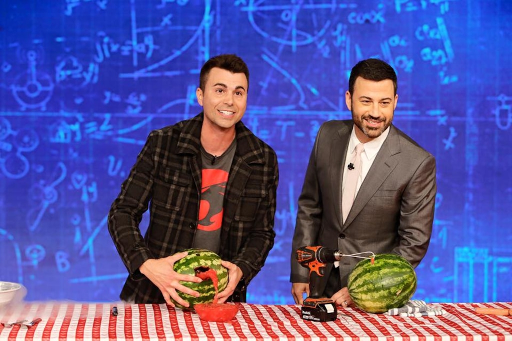 (Photo courtesy ABC) Glitter-bomb inventor Mark Rober, left, has made several appearances on "Jimmy Kimmel Live."