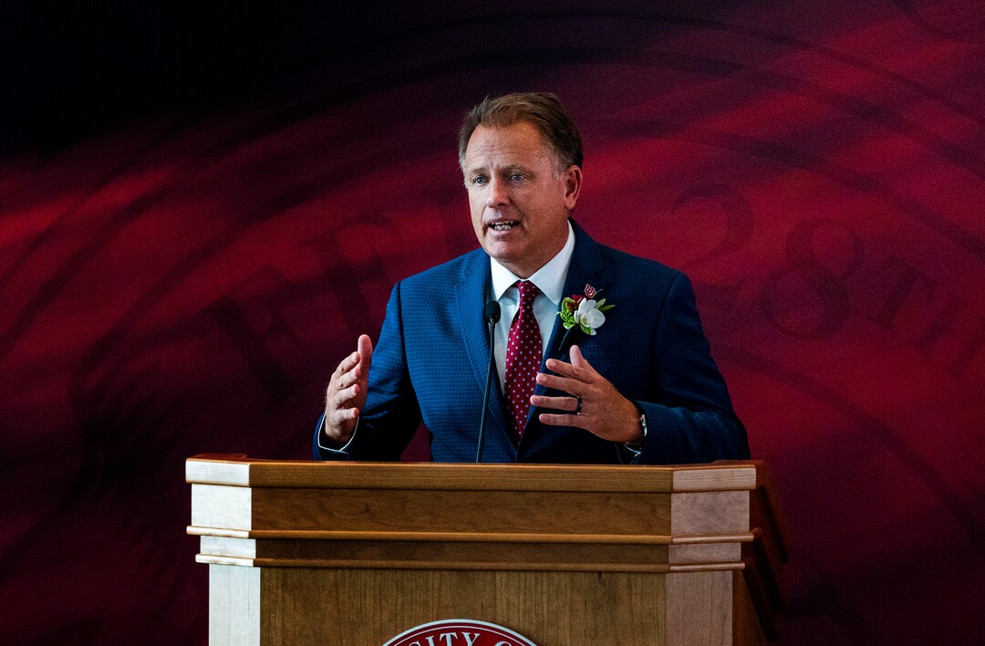 (Rick Egan | The Salt Lake Tribune) Taylor R. Randall says a few words after the University of Utah announced that he was the new president of the University of Utah, during a news conference, on Thursday, Aug. 5, 2021.