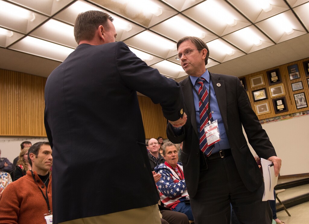 Leah Hogsten  |  The Salt Lake Tribunel-r Former West Valley Mayor Mike Winder is congratulated   after his win over by Utah House district 30 incumbent Fred Cox at the Salt Lake County Republican Convention, Saturday, April 16, 2016 at Cottonwood High School. 