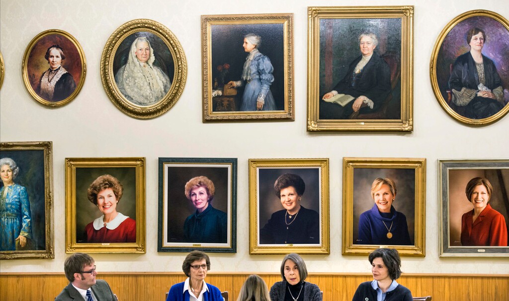 Steve Griffin | The Salt Lake Tribune
Surrounded by paintings and photographs of past Relief Society presidents, Mormon historians Matthew Grow, Carol Cornwall Madsen Jill Mulvay Derr and Kate Holbrook talk about their new volume, The First Fifty Years of Relief Society, at the Relief Society Building in Salt Lake City, Monday, February 22, 2016.