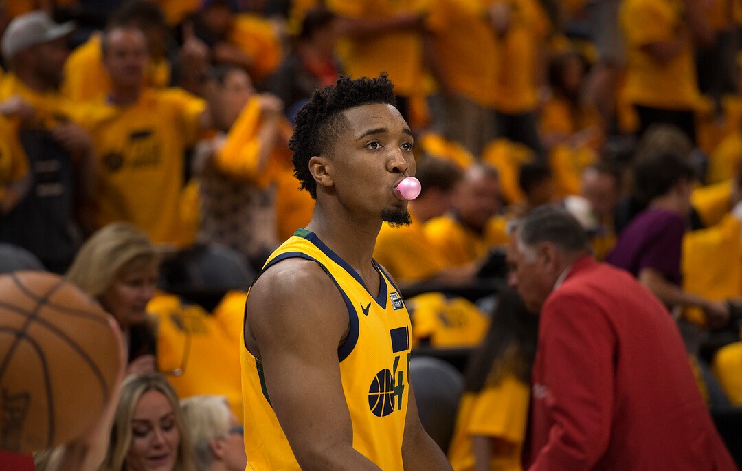 (Scott Sommerdorf | The Salt Lake Tribune)Utah Jazz guard Donovan Mitchell (45) blows a bubble during pre game warm ups. The Thunder led the Jazz 22-18 at the end of the 1st quarter during Game 6 of the first round playoff game, Friday, April 27, 2018.