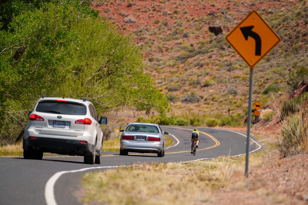(Trent Nelson  |  The Salt Lake Tribune) Cyclists and cars navigating Gunlock Road on Friday, May 6, 2022.