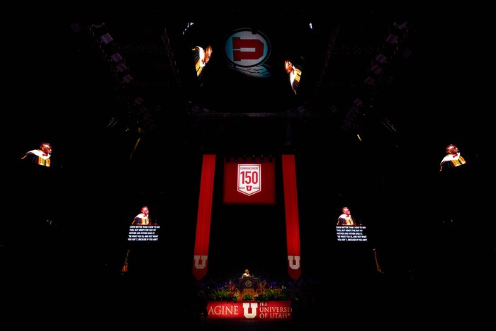 (Trent Nelson | The Salt Lake Tribune)
Pastor France Davis speaks at the University of Utah's commencement ceremony, in Salt Lake City on Thursday May 2, 2019.
