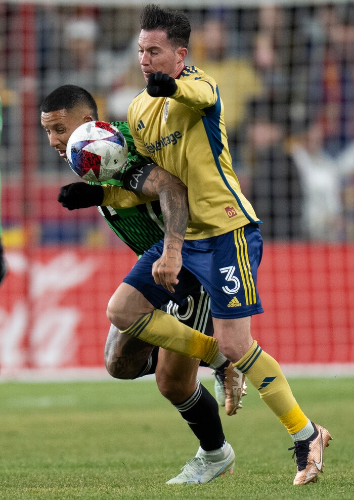 (Rick Egan | The Salt Lake Tribune) Real Salt Lake defender Bryan Oviedo (3) collides with Austin FC forward Sebastin Driussi (10), in MLS action between Real Salt Lake and Austin FC, in Sandy, on Saturday, March 11, 2023.