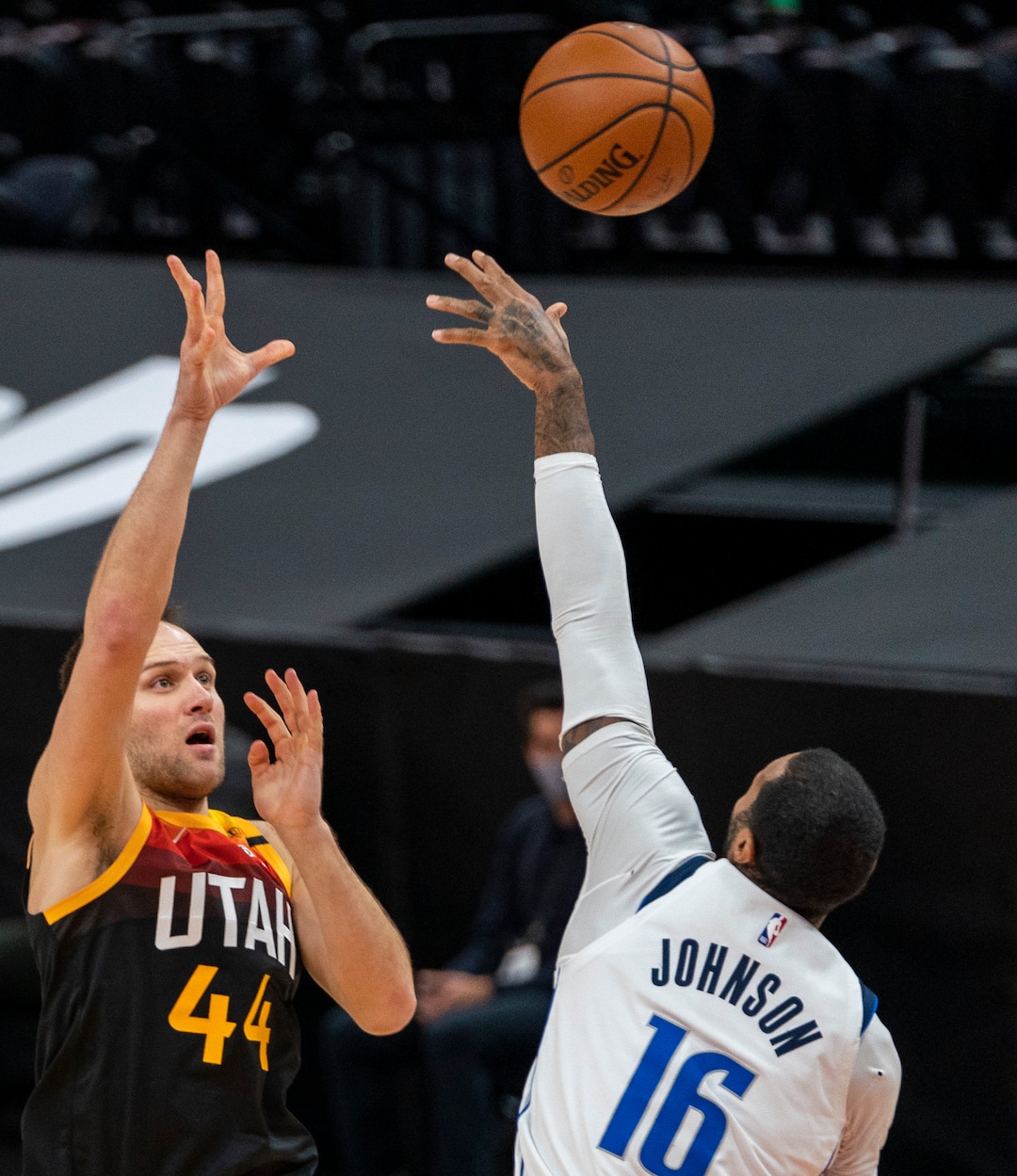 (Rick Egan | The Salt Lake Tribune) Utah Jazz forward Bojan Bogdanovic (44), shoots over Dallas Mavericks forward James Johnson (16), in NBA action between the Utah Jazz and the Dallas Mavericks at Vivint Arena, on Friday, Jan. 29, 2021.