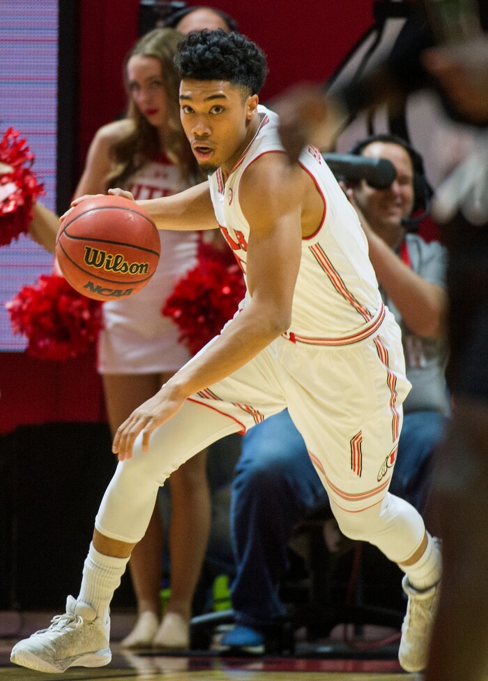 (Rick Egan  |  The Salt Lake Tribune)  Utah guard Sedrick Barefield (0) leads a fast break for the Utes, in basketball action, Utah Utes vs Hawaii Warriors, at the Jon M. Huntsman Center, Saturday, December 2, 2017.