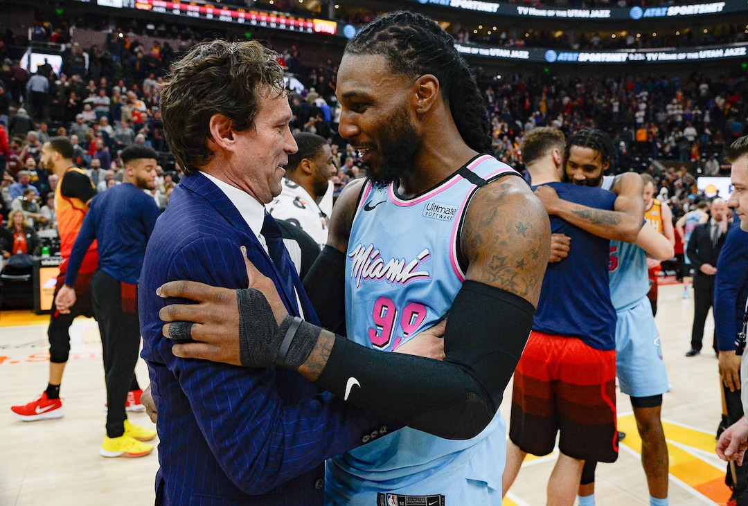(Francisco Kjolseth  |  The Salt Lake Tribune) Utah Jazz coach Quin Snyder greets his former player Miami Heat forward Jae Crowder (99) following their NBA basketball game at Vivint Smart Home Arena in Salt Lake City on Wednesday, Feb. 12, 2020. Jazz got the win 116-101.