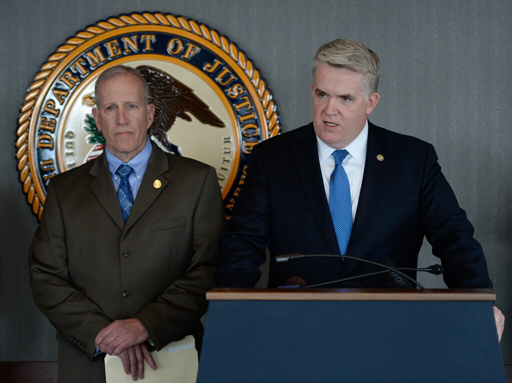 (Francisco Kjolseth | The Salt Lake Tribune) U.S. Attorney for Utah John Huber, right, is joined by Utah Department of Public Safety Commissioner Keith Squires and other officers as they announce the indictment of a man charged with distribution of spice and possession of a fire arm during a press event at the U.S. Attorney's office on Monday, March 12, 2018.