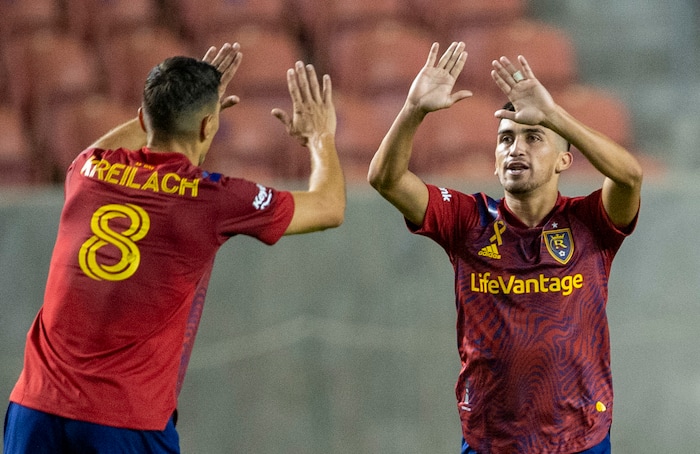 (Rick Egan  |  The Salt Lake Tribune)    Real Salt Lake midfielder Pablo Ruiz (6) celebrates his game-tying goal with Real Salt Lake midfielder Damir Kreilach (8), late in the second period, MLS soccer action between Real Salt Lake and the Seattle Sounders, at Rio Tinto Stadium, Wednesday, Sept. 2, 2020.