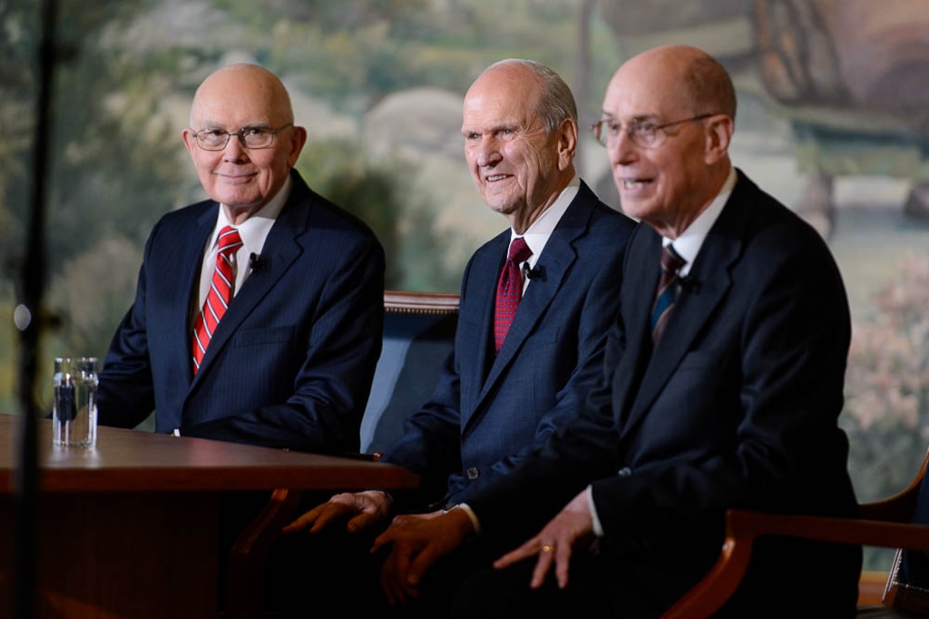 (Trent Nelson | The Salt Lake Tribune) Dallin H. Oaks, Russell M. Nelson and Henry B. Eyring at a news conference in the lobby of the Church Office Building in Salt Lake City on Tuesday, Jan. 16, 2018. Nelson was named the 17th president of the nearly 16 million-member Church of Jesus Christ of Latter-day Saints. Oaks was named first counselor in the First Presidency and Eyring second counselor.