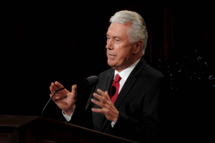 (Trent Nelson | The Salt Lake Tribune)  President Dieter F. Uchtdorf speaks at the General Women's Session of the 187th Semiannual General Conference of the The Church of Jesus Christ of Latter-day Saints, in Salt Lake City, Saturday September 23, 2017.