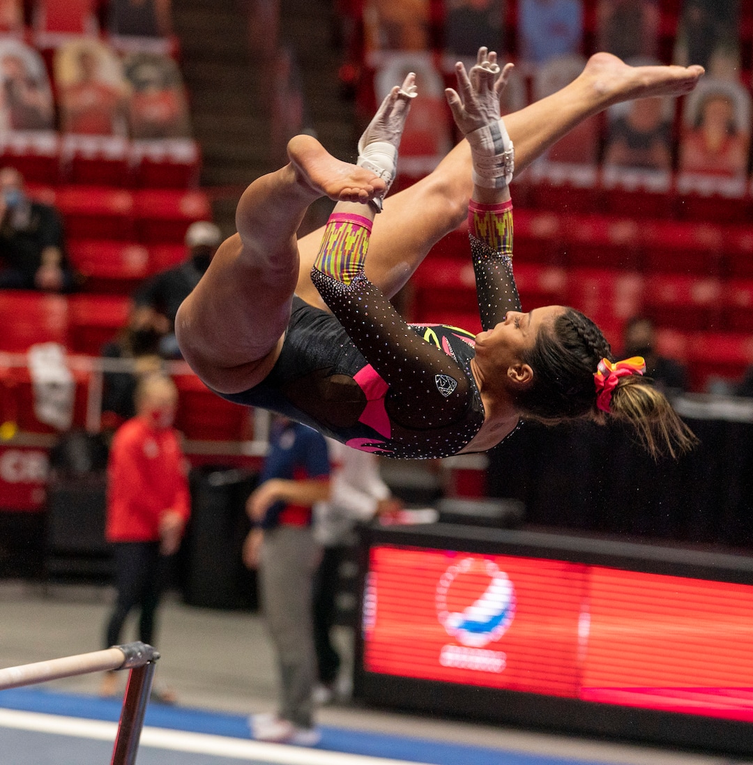 (Rick Egan | The Salt Lake Tribune) Emilie LeBlanc competes on the uneven bars for Utah, in PAC-12 gymnastics action Utah vs Arizona, at the Huntsman Center onSaturday, Jan. 23, 2021.