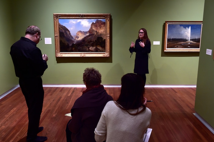 (Scott Sommerdorf | The Salt Lake Tribune)
Leslie Anderson describes aspects of the new exhibit during a preview of the Utah Museum of Fine Art's new special exhibit of the touring show "Go West!" - Art of the American Frontier from the Buffalo Bill Center of the West, Wednesday, November 29, 2017.
The exhibit opens to the public on Sunday, Dec 3.