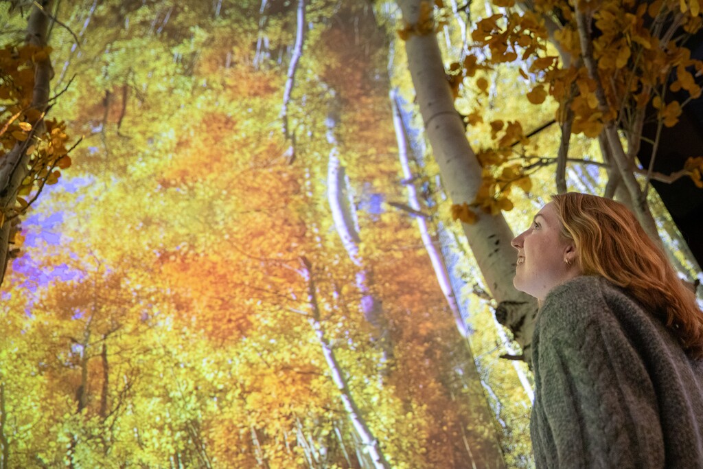 (Natural History Museum of Utah) A visitor walks through "A Climate of Hope," a permanent exhibit at the Natural History Museum of Utah. Opened in November 2023, it's the first new permanent exhibit at NHMU in 12 years.