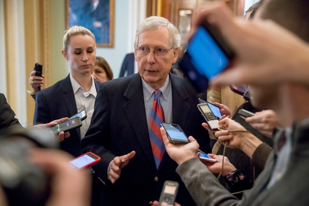 (Andrew Harnik | The Associated Press) Senate Majority Leader Mitch McConnell of Ky., speaks to reporters as he walks out of the Senate Chamber on Capitol Hill in Washington, Friday, Jan. 25, 2019, after President Donald Trump says a deal has been made to reopen the government for three weeks.
