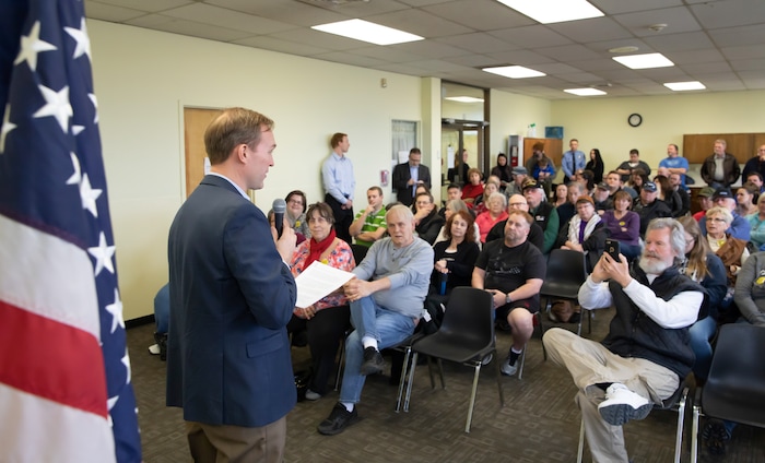 (Keith Johnson  |  for The Salt Lake Tribune) Newly elected Utah Congressman Ben McAdams, representing Utah's 4th District, holds a town hall meeting at the Redwood Recreational Center in West Valley City, Utah on Jan. 19, 2019. McAdams held the town hall meeting to make good on a promise to be more accessible to constituents, a criticism he leveled against former congresswoman Mia Love during McAdam's campaign. 