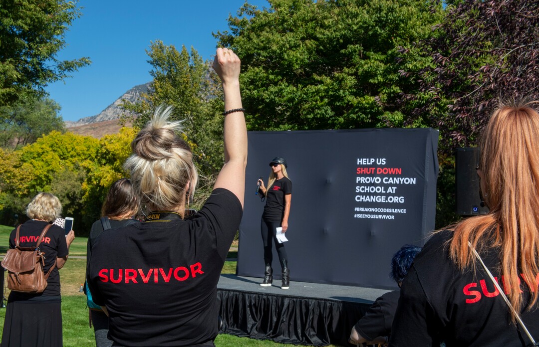 (Rick Egan  |  The Salt Lake Tribune)    Paris Hilton speaks to survivors during a rally and march to continue her calls for the closure of Provo Canyon School, a residential treatment center in Utah she attended when she was a teenFriday, Oct. 9, 2020.