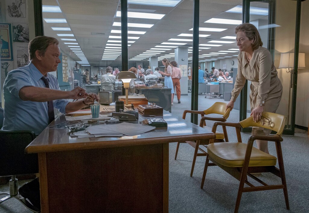 In this image released by 20th Century Fox, Tom Hanks portrays Ben Bradlee, left, and Meryl Streep portrays Katharine Graham in a scene from "The Post." Nominations for the  75th annual Golden Globes will be announced on Monday, Dec. 11, 2017. (Niko Tavernise/20th Century Fox via AP)