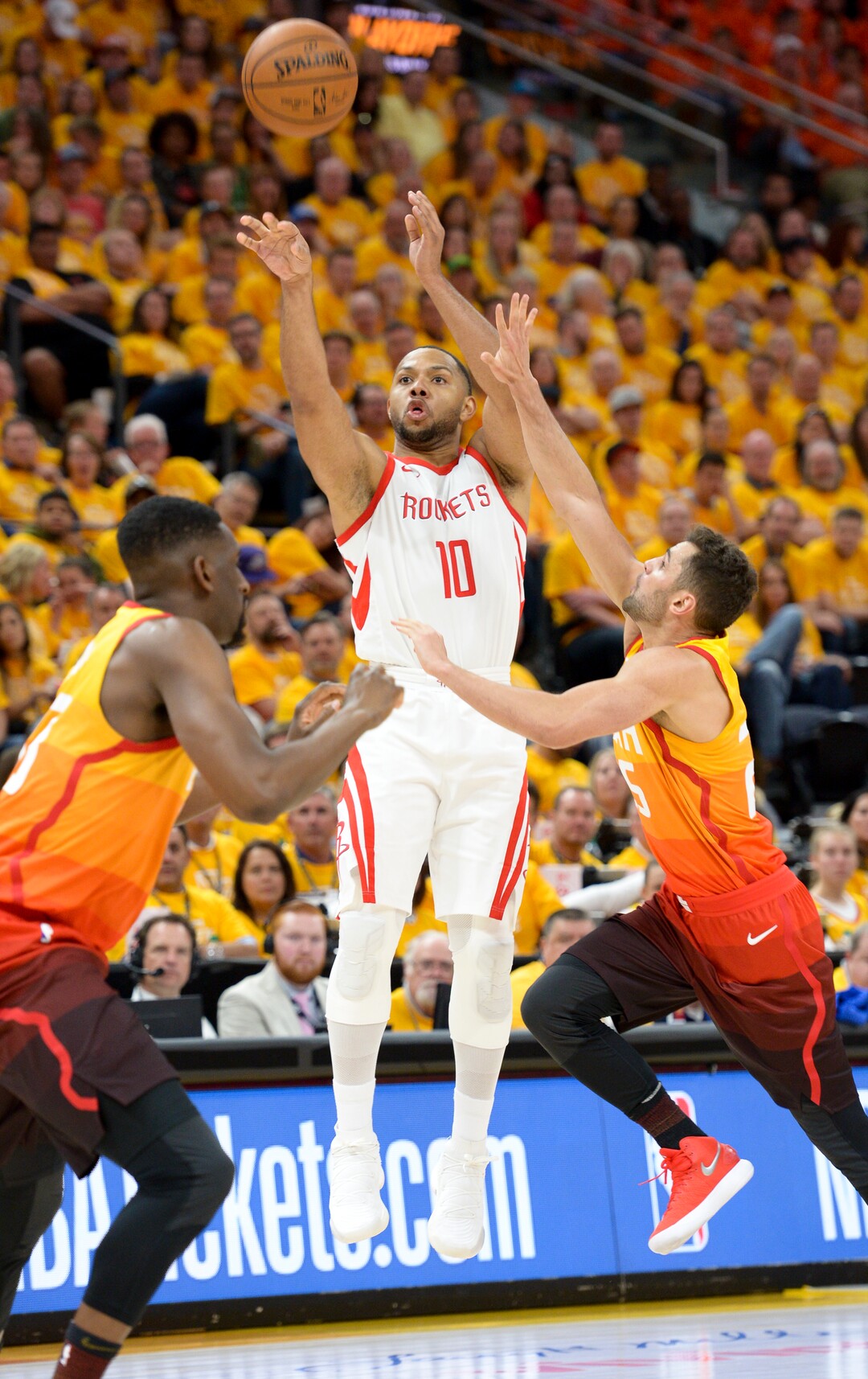 (Leah Hogsten  |  The Salt Lake Tribune)  Houston Rockets guard Eric Gordon (10) had 25 points, 7 rebounds and 6 assists. The Houston Rockets defeated the Utah Jazz 113-92 in Game 3 of an NBA basketball second-round playoff series Friday, May 4, 2018 in Salt Lake City.