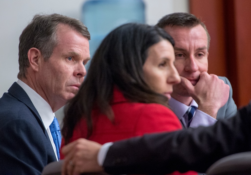 Rick Egan | The Salt Lake Tribune
John Swallow listens as members of his defense team, Cara Tangaro, Scott Williams and Brad Anderson discuss how to correct an error in the jury instructions, in Judge Elizabeth Hruby-Mills courtroom in Salt Lake City, Thursday, March 2, 2017.