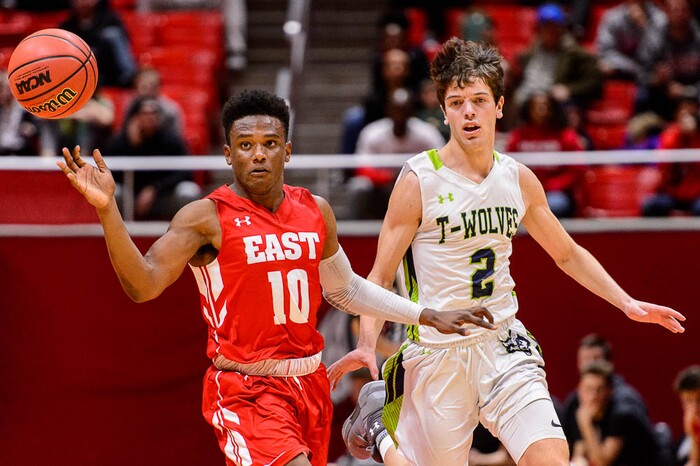 (Trent Nelson | The Salt Lake Tribune)  East vs. Timpanogos, 5A State high school basketball tournament at the Huntsman Center in Salt Lake City, Wednesday Feb. 28, 2018. East's Jaylon Vickers (10) and Timpanogos's Matt Norman (2).